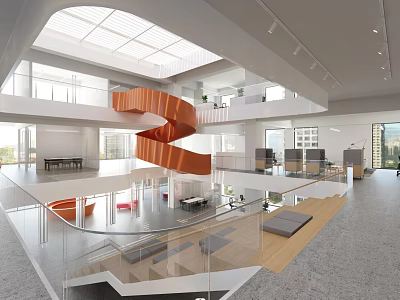 Modern Office Hallway Design With Spiral Staircase Glass Railings And Skylight 3d model