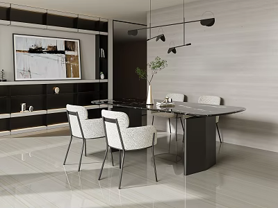 Modern Restaurant Interior With Black Pendant Lights Marble Dining Table And White Chairs 3d model