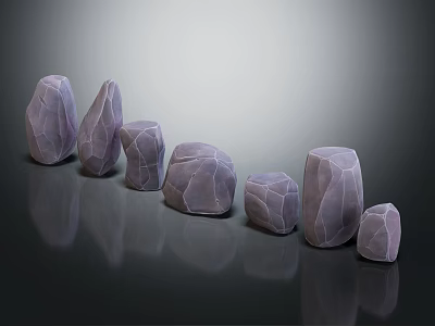 Purple Textured Stone Pieces In Various Shapes And Sizes On Black Reflective Surface 3d model