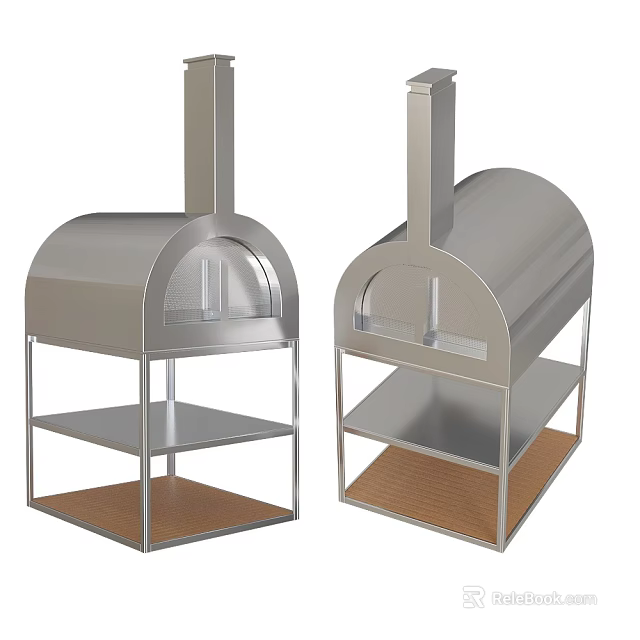 Stainless Steel Kitchen Pizza Oven With Curved Top Glass Window Wooden Base And Storage Shelf 3d model 