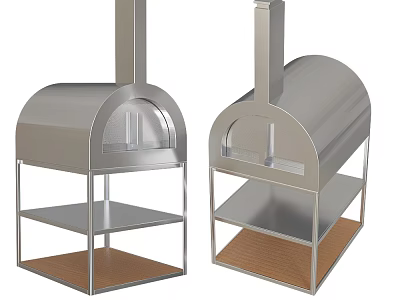 Stainless Steel Kitchen Pizza Oven With Curved Top Glass Window Wooden Base And Storage Shelf 3d model
