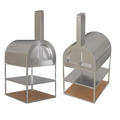 Stainless Steel Kitchen Pizza Oven With Curved Top Glass Window Wooden Base And Storage Shelf 3d model