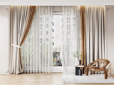Elegant Beige Sheer Curtains With Brown Tiebacks And Acrylic Chair In Living Room 3d model