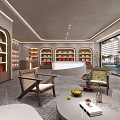 Modern Elegant Boutique Store Interior With Display Shelves Red Boxes Sofa Armchairs And Green Plants