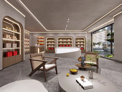 Modern Elegant Boutique Store Interior With Display Shelves Red Boxes Sofa Armchairs And Green Plants 3d model