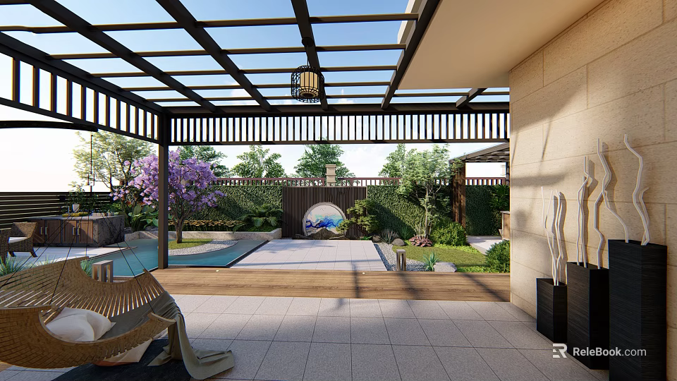 Serene Courtyard Garden With Purple Flowering Tree Circular Archway Pool And Outdoor Seating 3d model 