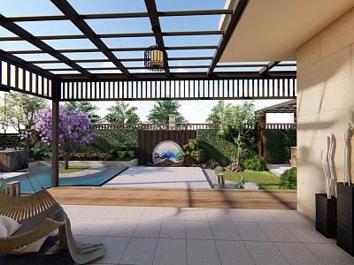 Serene Courtyard Garden With Purple Flowering Tree Circular Archway Pool And Outdoor Seating 3d model