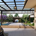 Serene Courtyard Garden With Purple Flowering Tree Circular Archway Pool And Outdoor Seating