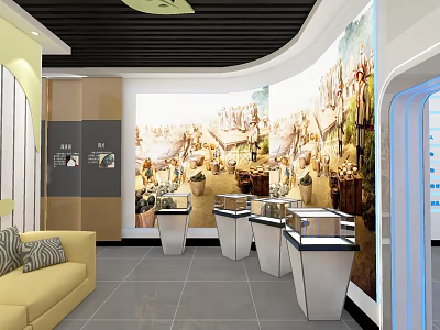 Modern Exhibition Hall Interior With Large Historical Mural And Display Stands 3d model