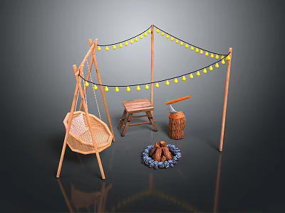 Outdoor Backyard Setup With Wicker Swing Fire Pit String Lights And Wooden Frame 3d model