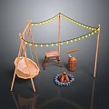 Outdoor Backyard Setup With Wicker Swing Fire Pit String Lights And Wooden Frame