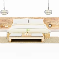 Double Bed With Wooden Headboard White Sheets Two Pillows Hanging Lamps And Storage Bench