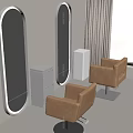 Modern Salon Interior With Oval Mirrors Brown Chairs And White Cabinets