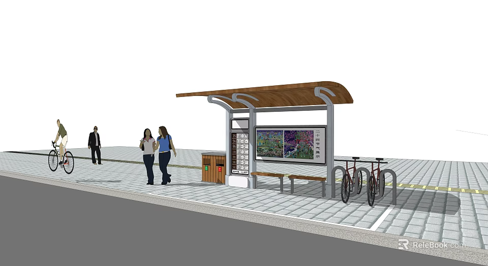 Public Bus Station With Shelter Bench Information Display Bicycle Parking And Pedestrians 3d model 