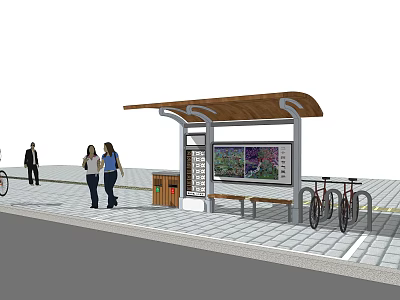 Public Bus Station With Shelter Bench Information Display Bicycle Parking And Pedestrians 3d model
