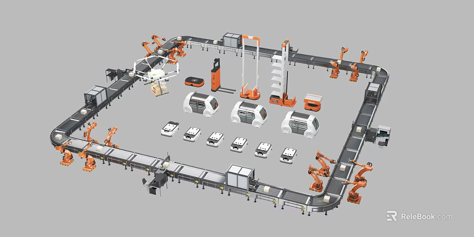 Automated Industrial Production Line With Robotic Arms Conveyor Belts And White Cases 3d model 
