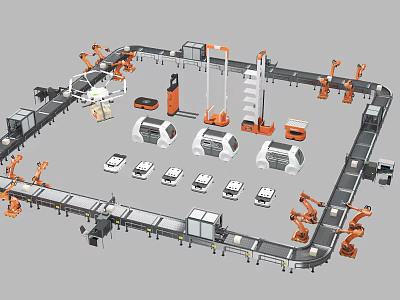 Automated Industrial Production Line With Robotic Arms Conveyor Belts And White Cases 3d model