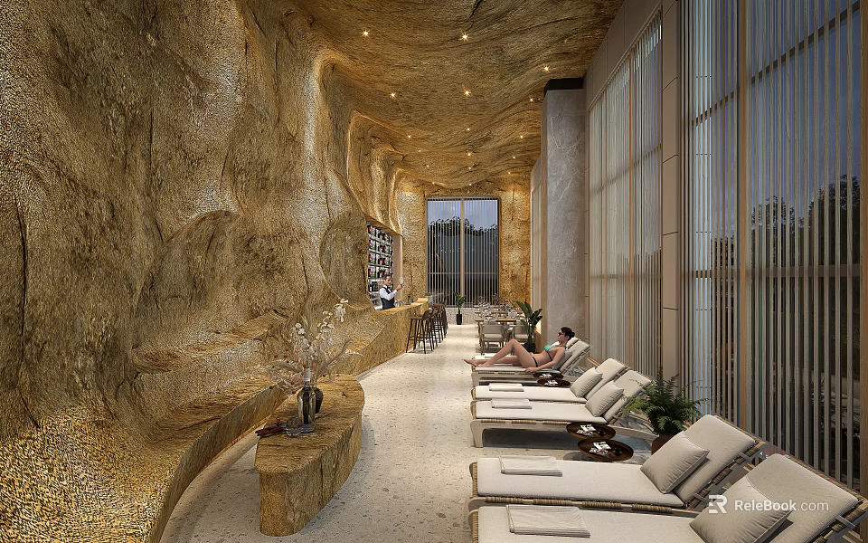 Modern Bar Interior Design With Stone Wall Comfortable Seating Green Plants And Large Windows 3d model