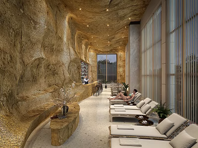 Modern Bar Interior Design With Stone Wall Comfortable Seating Green Plants And Large Windows 3d model
