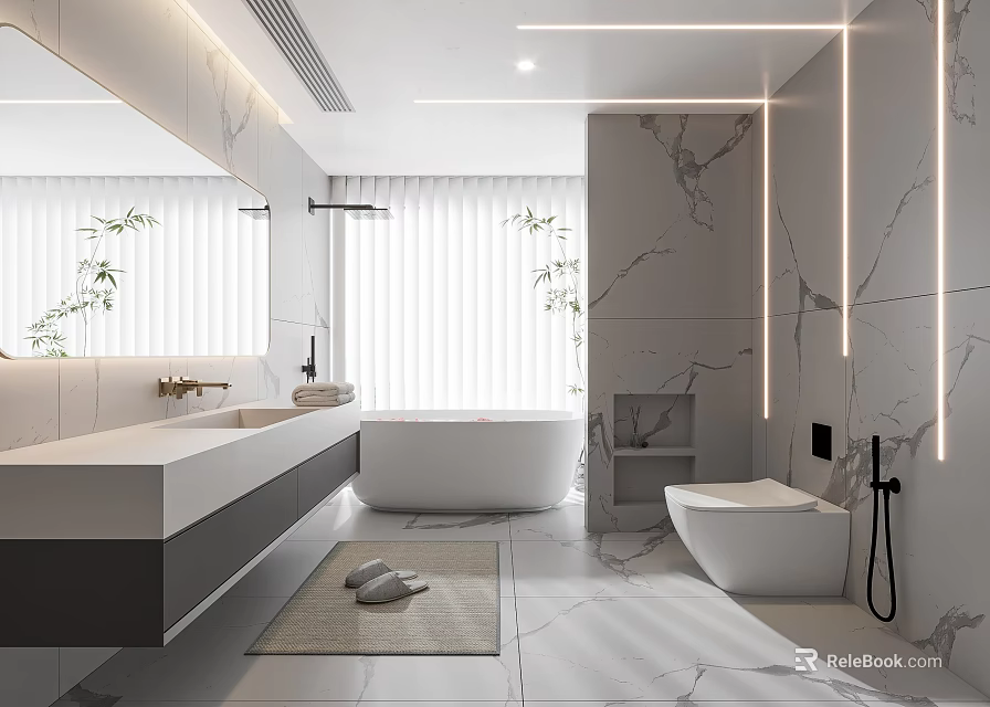 Modern Luxurious Bathroom With Marble Walls Freestanding Bathtub Floating Vanity And LED Strip Lights 3d model 