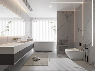 Modern Luxurious Bathroom With Marble Walls Freestanding Bathtub Floating Vanity And LED Strip Lights 3d model