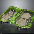 Ancient Architectural Model Featuring Sunken Areas Green Vegetation And Internal Structures