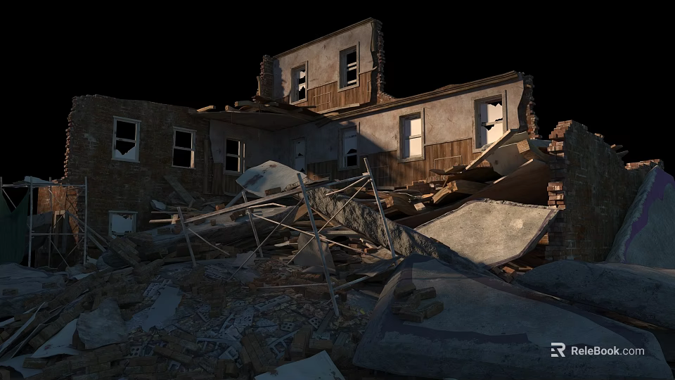 Collapsed Building Ruins With Damaged Walls Fallen Roof And Debris Piles 3d model 