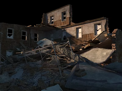 Collapsed Building Ruins With Damaged Walls Fallen Roof And Debris Piles 3d model