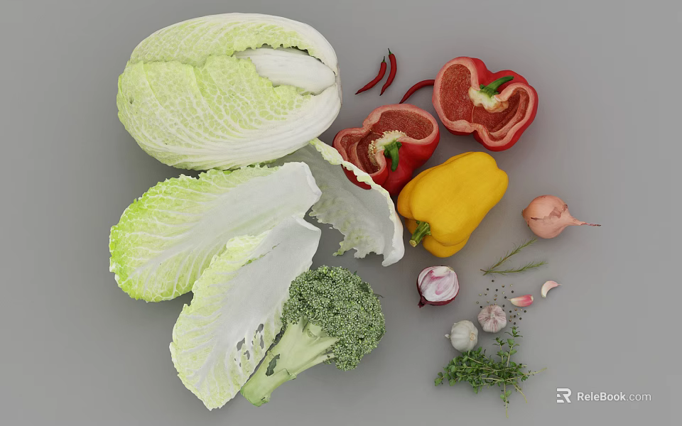 Assorted Fresh Vegetables with Cabbage Broccoli Red Yellow Bell Peppers Garlic Onion and Thyme 3d model 