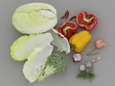 Assorted Fresh Vegetables with Cabbage Broccoli Red Yellow Bell Peppers Garlic Onion and Thyme 3d model