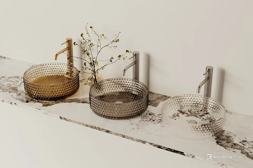 Modern Honeycomb Glass Washbasins In Golden Dark Gray Transparent With Marble Countertop And Flower Branch 3d model 