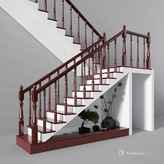 Modern Interior Staircase Design With Dark Wood Railing White Steps And Potted Plant 3d model 