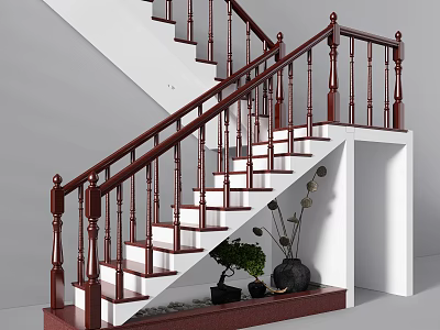 Modern Interior Staircase Design With Dark Wood Railing White Steps And Potted Plant 3d model