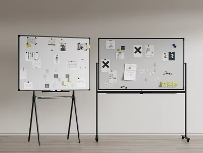 Two Whiteboards With Stands Holding Notes Papers And Various Stickers 3d model