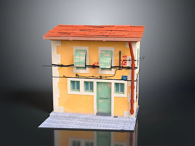 Small Yellow Building Model With Red Roof Green Door And Windows 3d model