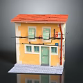 Small Yellow Building Model With Red Roof Green Door And Windows