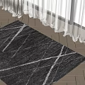 Dark Gray Square Rug With Geometric White Lines On Wooden Floor In Sunlit Room
