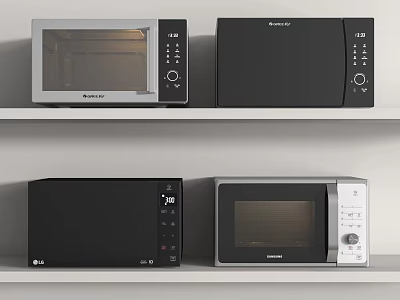 Modern Kitchen Appliances Featuring Black And Silver Microwaves On Shelves With Various Designs 3d model