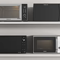 Modern Kitchen Appliances Featuring Black And Silver Microwaves On Shelves With Various Designs