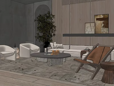 Modern Sofa Coffee Table Set In Living Room With Accent Chairs Green Plant And Rug 3d model