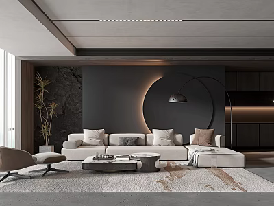 Modern Living Room Interior With White Sofa Coffee Table Circular Light And Gray Wall 3d model