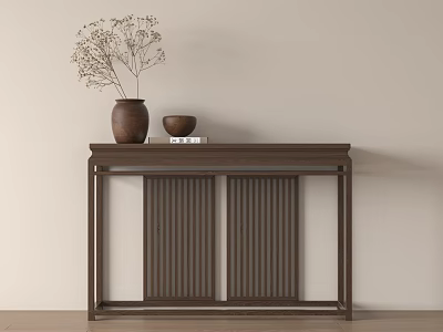 Elegant Wooden Console Table Featuring Decorative Vase And Books Against Beige Wall 3d model