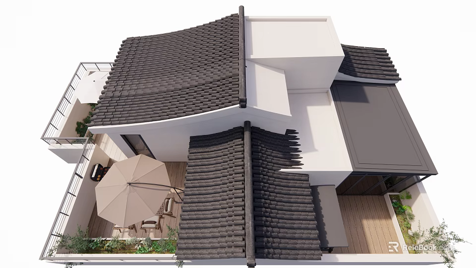 Elegant Villa Balcony Design Featuring Tiled Roof Outdoor Seating And Wooden Deck 3d model 