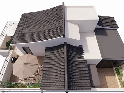 Elegant Villa Balcony Design Featuring Tiled Roof Outdoor Seating And Wooden Deck 3d model