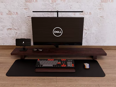 Dell Computer Monitor Setup With Keyboard Mouse And Webcam On Wooden Shelf Brick Wall Background 3d model