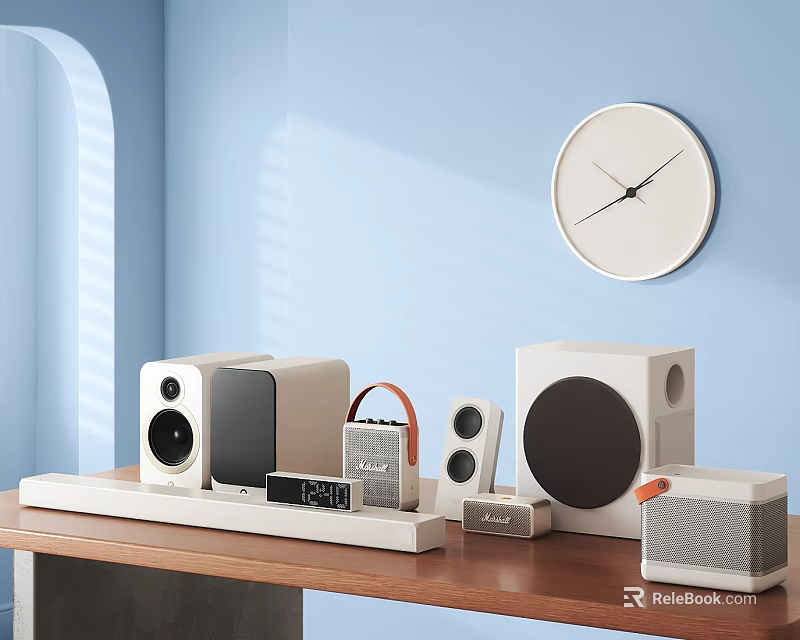 Modern White Gray Headphones and Speakers on Desk with Blue Wall and Clock 3d model 