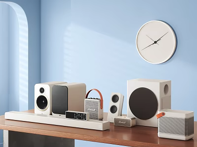 Modern White Gray Headphones and Speakers on Desk with Blue Wall and Clock 3d model