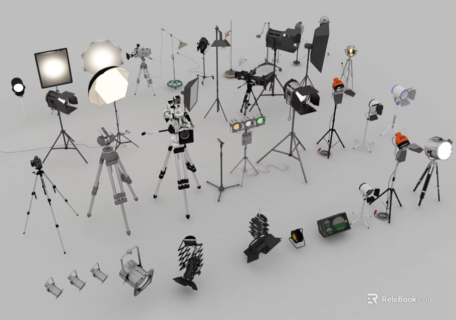 Commercial Studio Lighting Equipment with Various Stands and Accessories on White Background 3d model 