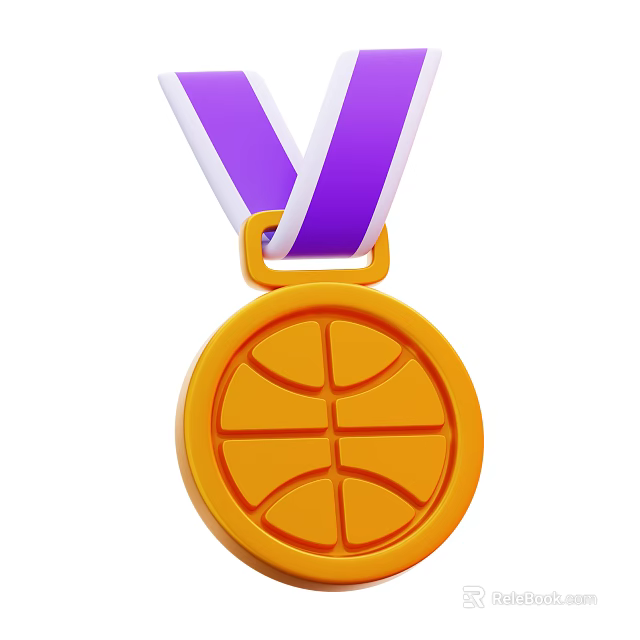 Sports Equipment Basketball Themed Medal With Purple And White Ribbon For Athletic Awards 3d model 