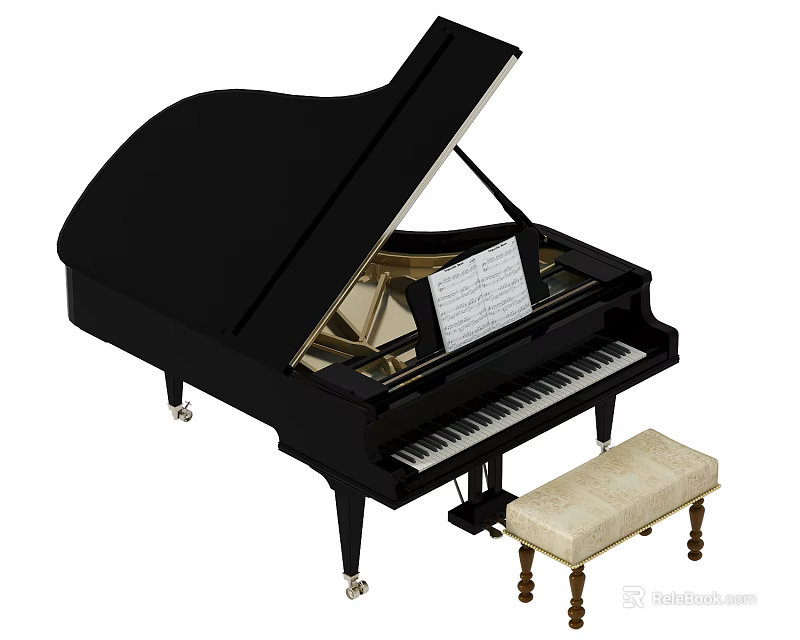 Black Grand Piano With Music Sheets And Padded Bench For Musical Instruments 3d model 